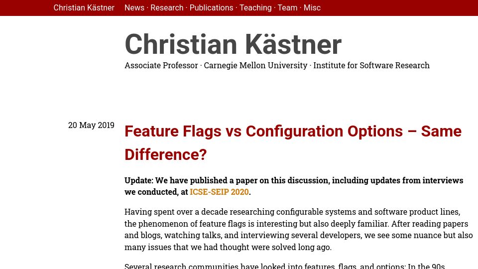 Screenshot of cs.cmu.edu: Feature Flags vs. Configuration Options – Same Difference?