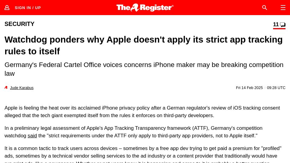Screenshot of theregister.com: Watchdog ponders why Apple doesn't apply its strict app tracking rules to itself