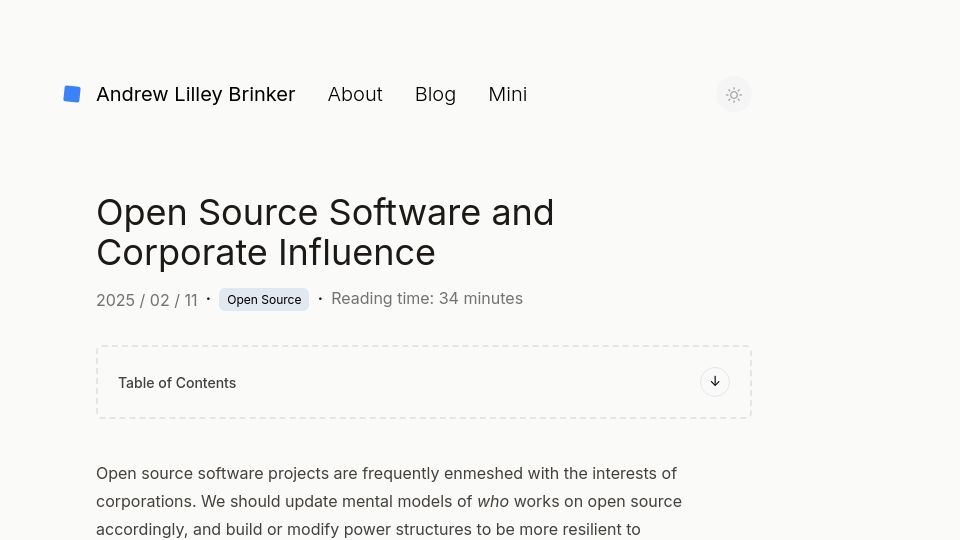 Screenshot of alilleybrinker.com: Open Source Software and Corporate Influence