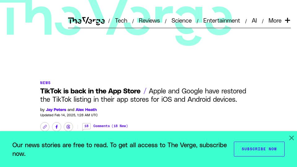 Screenshot of theverge.com: TikTok is back in the App Store