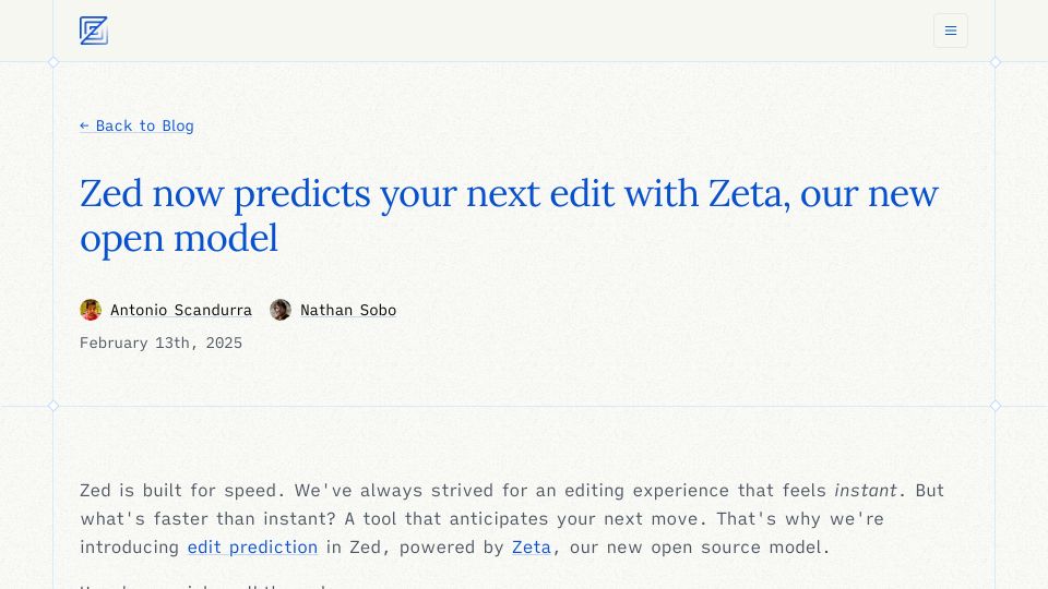 Screenshot of zed.dev: Zed now predicts your next edit with Zeta, our new open model