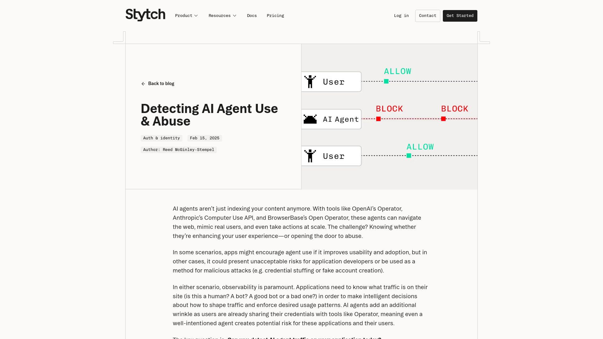 Screenshot of stytch.com: Detecting AI agent use and abuse