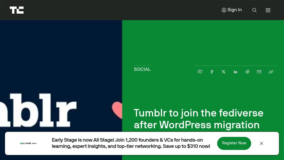 Screenshot of techcrunch.com: Tumblr to join the Fediverse after WordPress migration completes