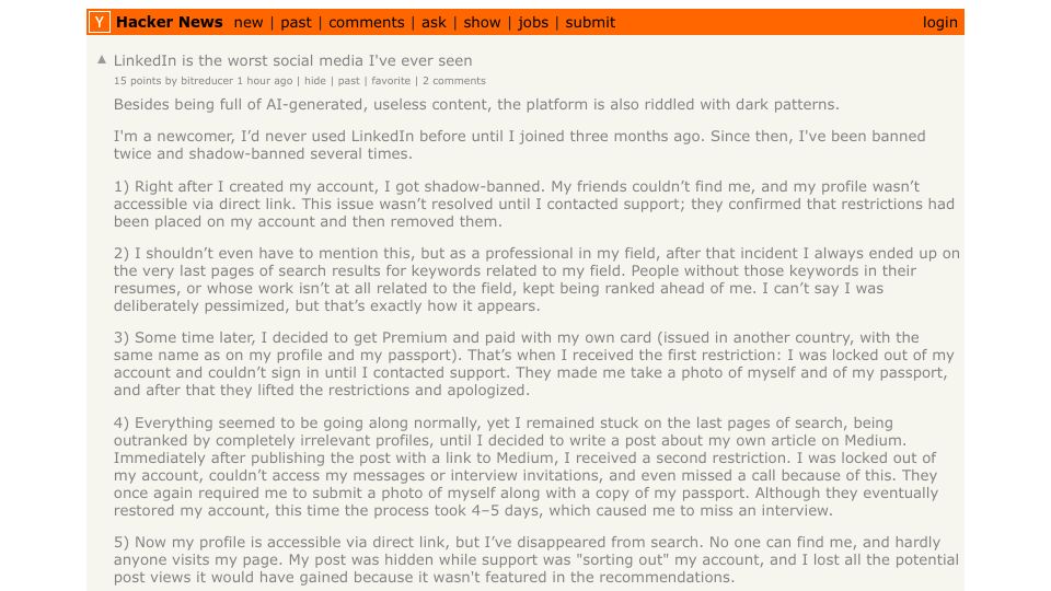 Screenshot of Hacker News post: LinkedIn is the worst social media I've ever seen