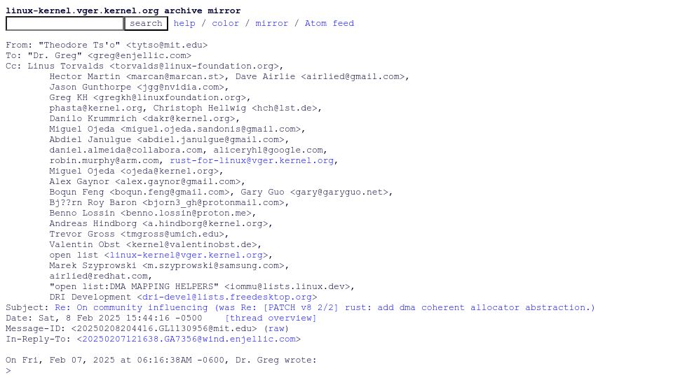 Screenshot of lore.kernel.org: We are the "thin blue line" that is trying to keep the code high quality