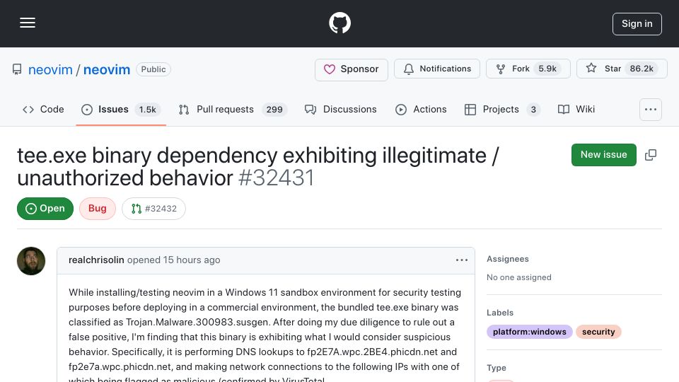 Screenshot of github.com: Neovim tee.exe binary dependency exhibiting illegitimate / unauthorized behavior