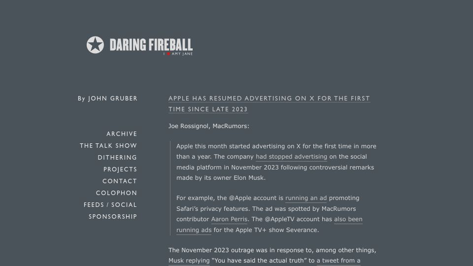 Screenshot of daringfireball.net: Apple Resumes Advertising on X