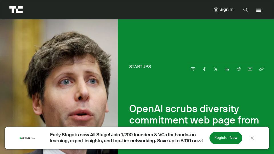 Screenshot of techcrunch.com: OpenAI scrubs diversity commitment web page from its site