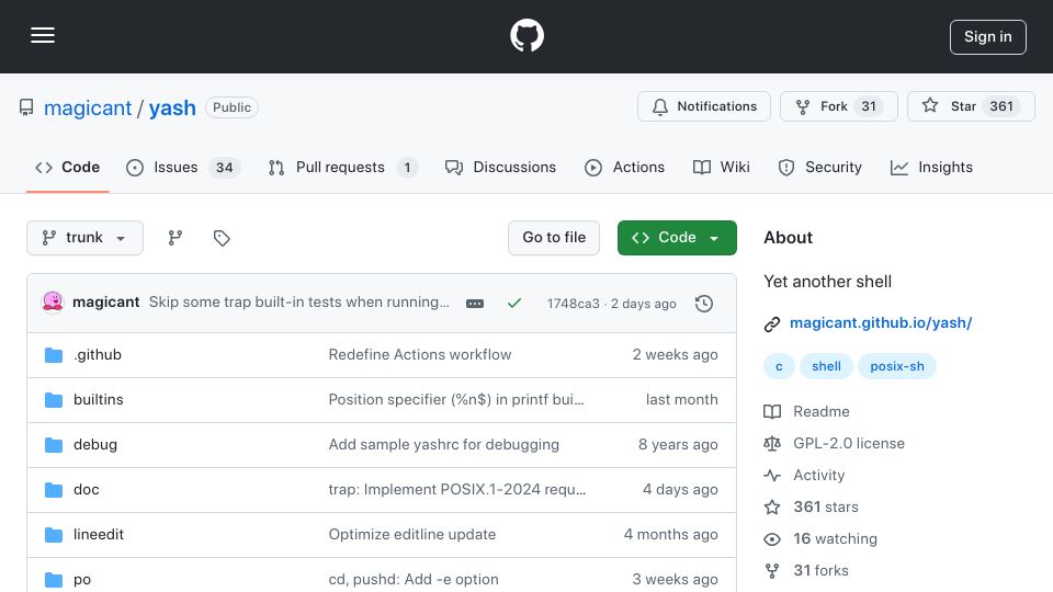 Screenshot of github.com: Yash: Yet Another Shell