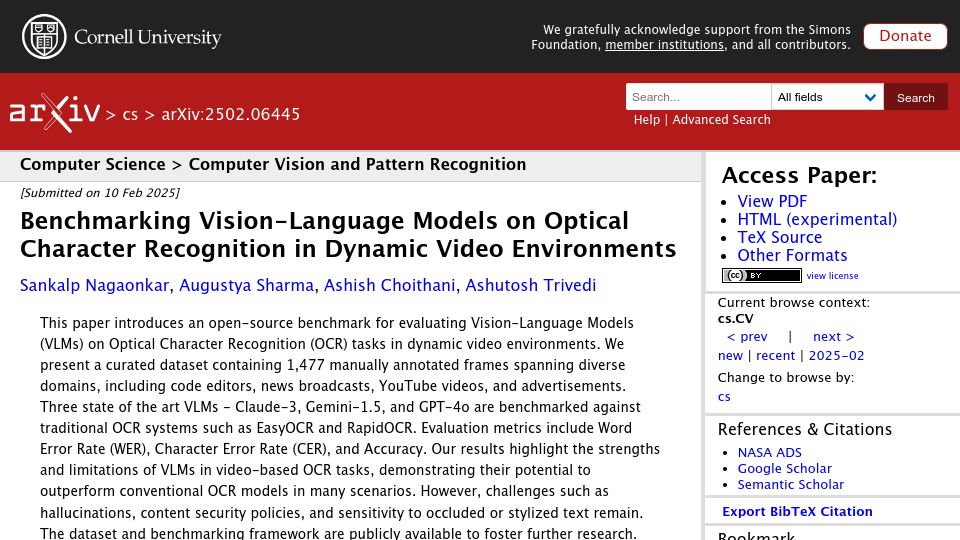 Screenshot of arxiv.org: Benchmarking vision-language models on OCR in dynamic video environments