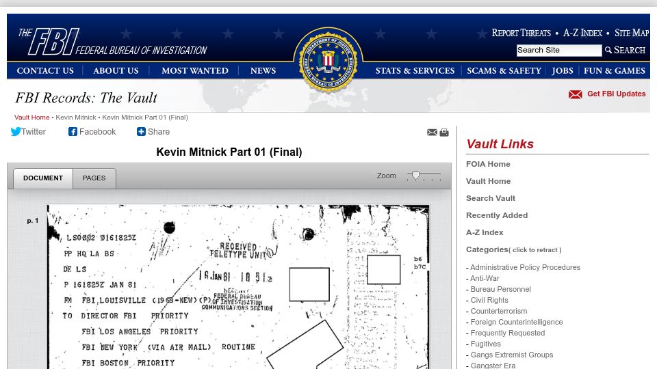 Screenshot of vault.fbi.gov: Kevin Mitnik FOIA Final