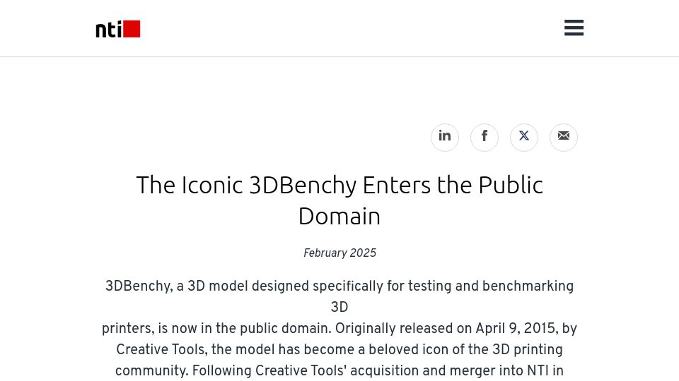 Screenshot of nti-group.com: The Iconic 3DBenchy Enters the Public Domain