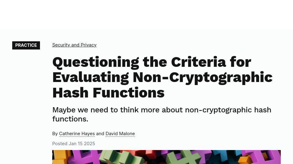 Screenshot of cacm.acm.org: Questioning the Criteria for Evaluating Non-Cryptographic Hash Functions