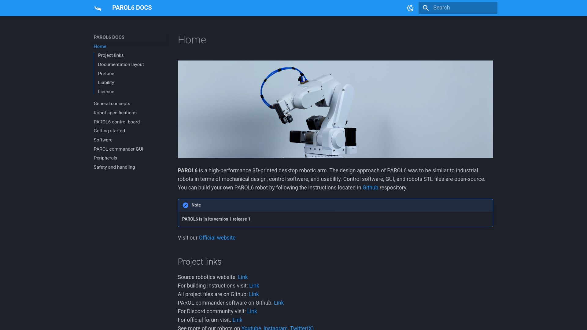 Screenshot of source-robotics.github.io: PAROL6: 3D-printed desktop robotic arm