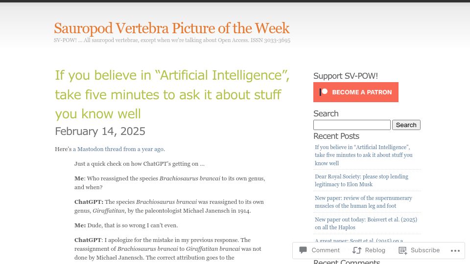 Screenshot of svpow.com: If you believe in "Artificial Intelligence", take five minutes to ask it
