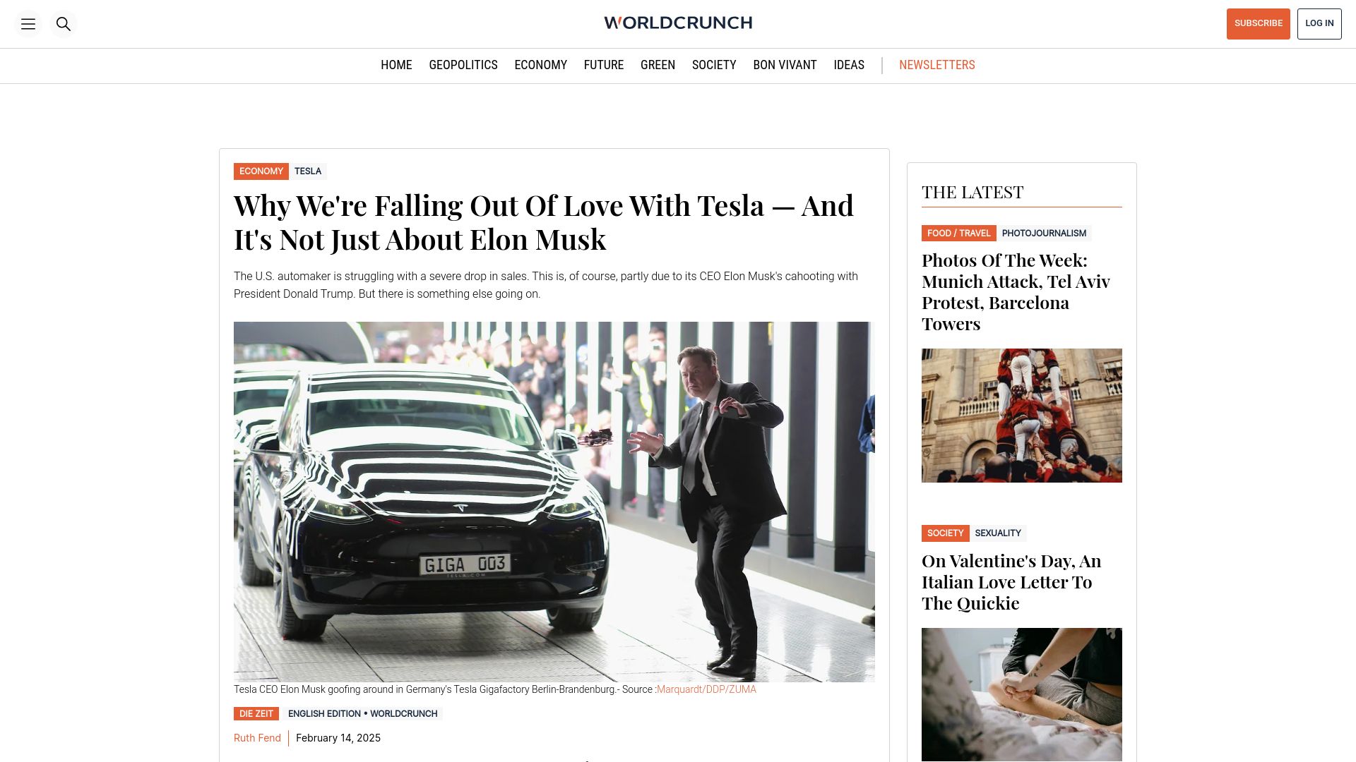 Screenshot of worldcrunch.com: Why We're Falling Out of Love with Tesla