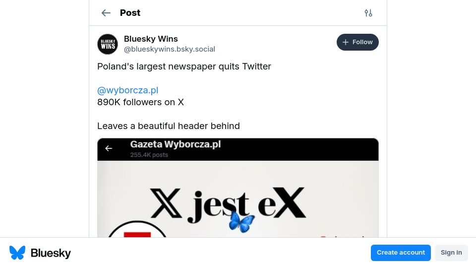 Screenshot of bsky.app: Gazeta Wyborcza, Poland's largest newspaper quits X, now on Bluesky