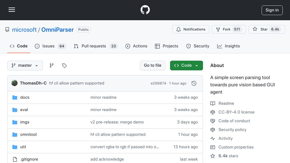 Screenshot of github.com: OmniParser V2 – A simple screen parsing tool towards pure vision based GUI agent