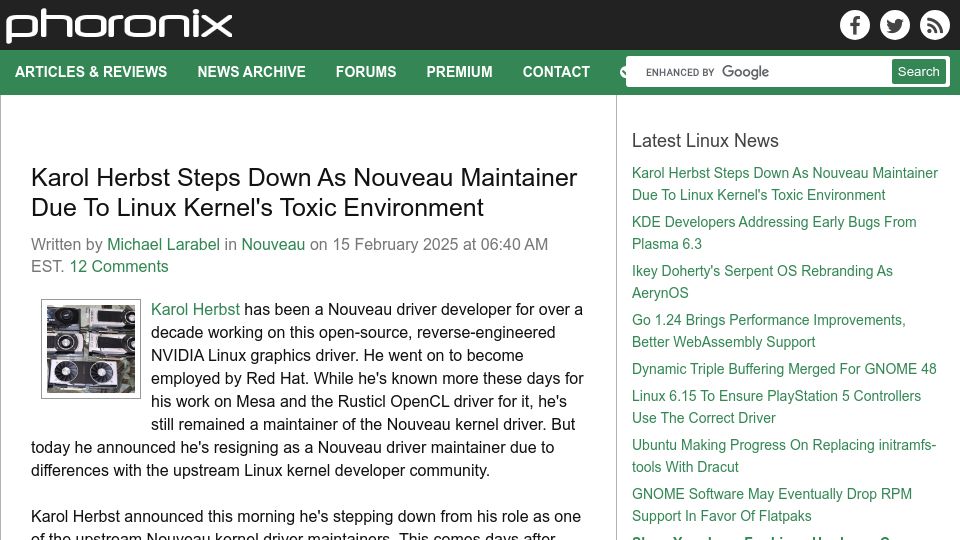 Screenshot of phoronix.com: Karol Herbst Steps Down as Nouveau Maintainer Due to Linux's Toxic Environment