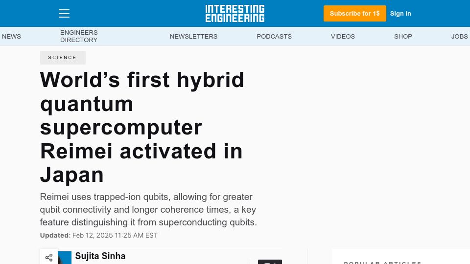 Screenshot of interestingengineering.com: First hybrid quantum supercomputer Reimei activated in Japan