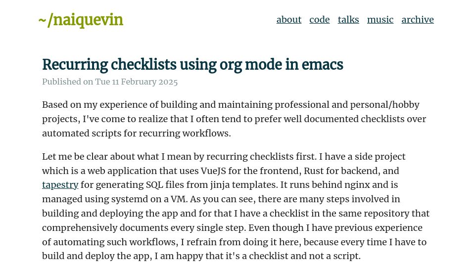 Screenshot of naiquev.in: Recurring checklists using Org Mode in Emacs