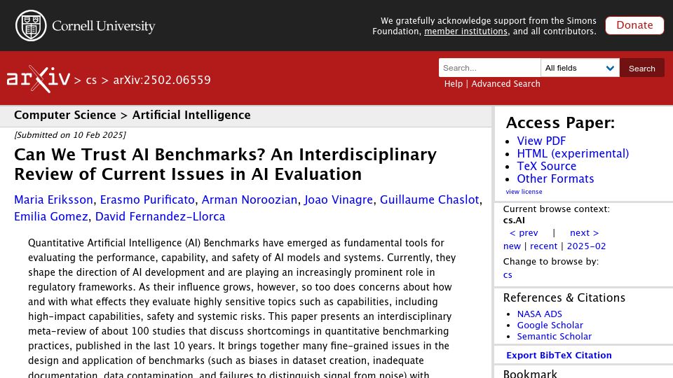 Screenshot of arxiv.org: Can We Trust AI Benchmarks? A Review of Current Issues in AI Evaluation