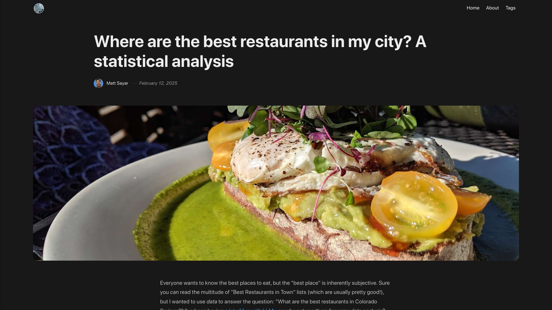 Screenshot of mattsayar.com: Where are the best restaurants in my city? A statistical analysis