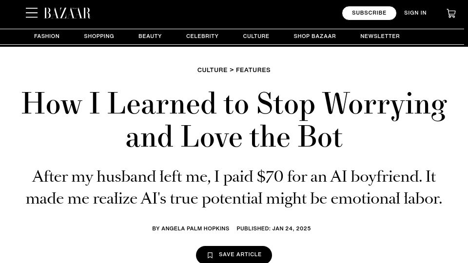 Screenshot of harpersbazaar.com: I Paid $70 for an AI Boyfriend. It Was So Worth It