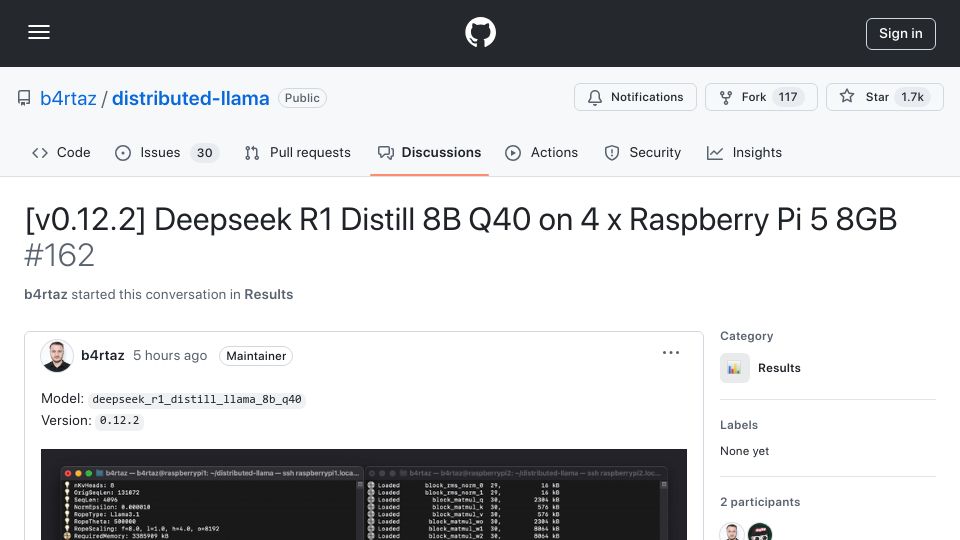 Screenshot of github.com: Deepseek R1 Distill 8B Q40 on 4 x Raspberry Pi 5