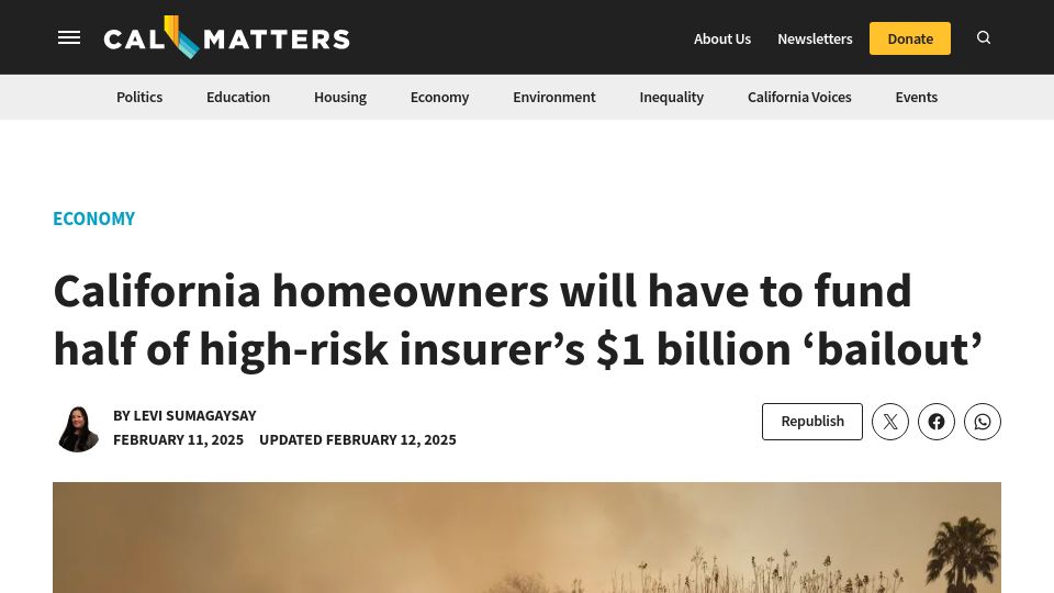 Screenshot of calmatters.org: California homeowners to fund half of high-risk insurer's $1B 'bailout'