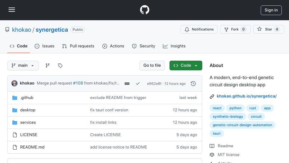 Screenshot of github.com: Show HN: Synergetica – A Modern, End-to-End Genetic Circuit Design Desktop App