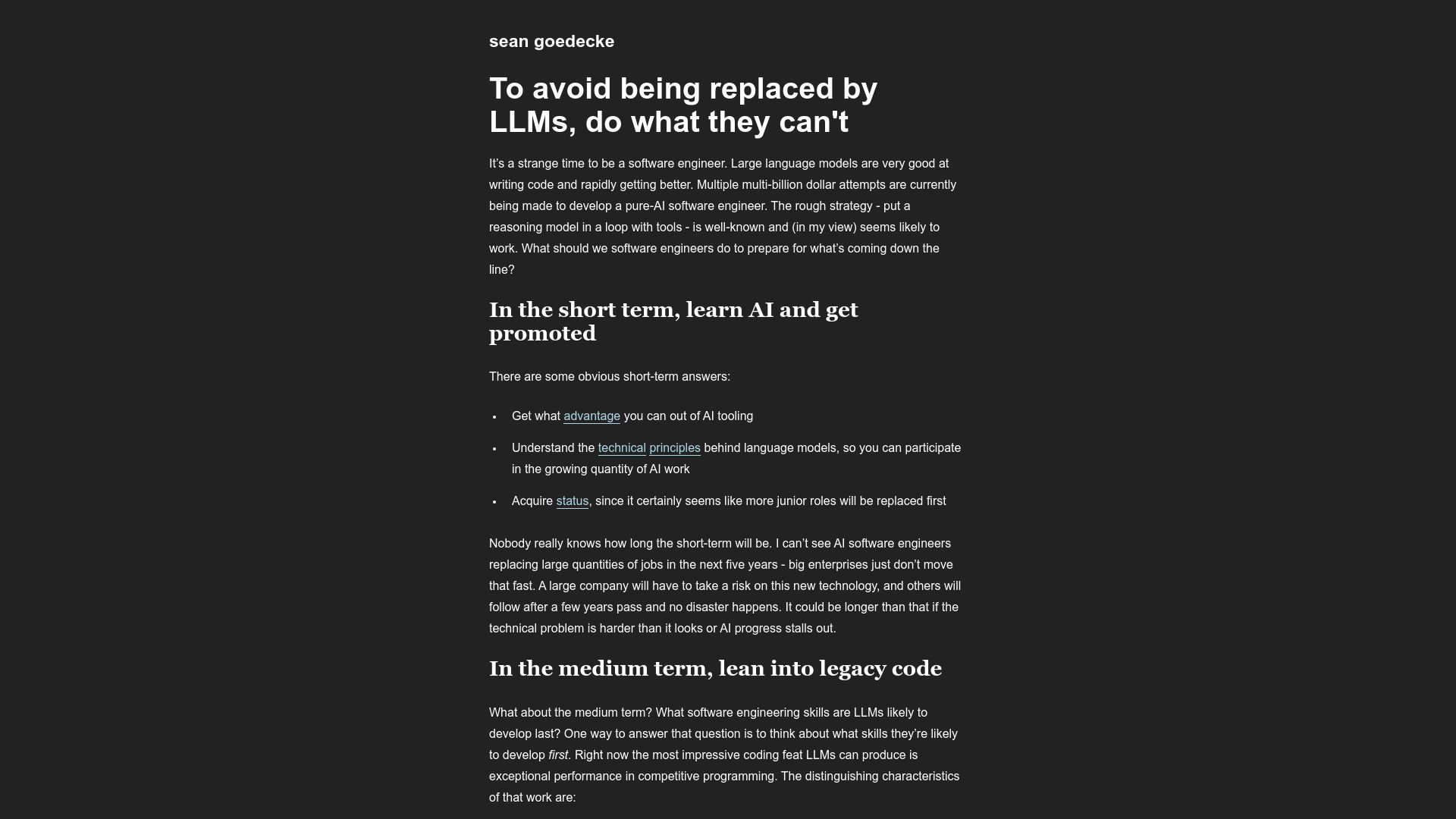 Screenshot of seangoedecke.com: To avoid being replaced by LLMs, do what they can't
