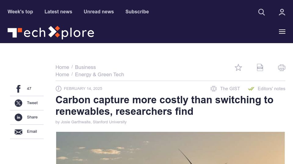 Screenshot of techxplore.com: Carbon capture more costly than switching to renewables, researchers find