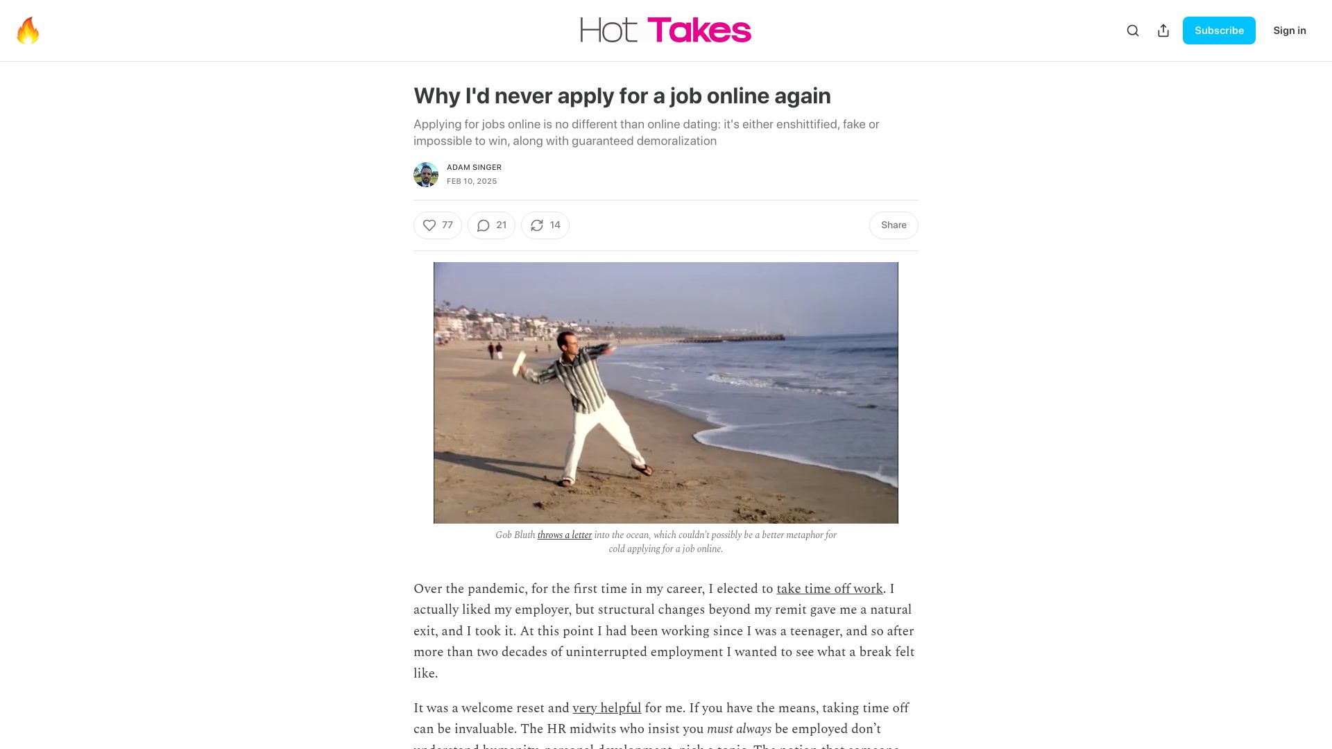 Screenshot of hottakes.space: Why I'd never apply for a job online again