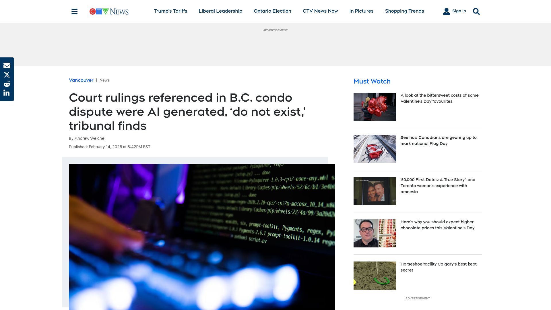Screenshot of ctvnews.ca: Court rulings referenced in condo dispute were AI generated, 'do not exist,'