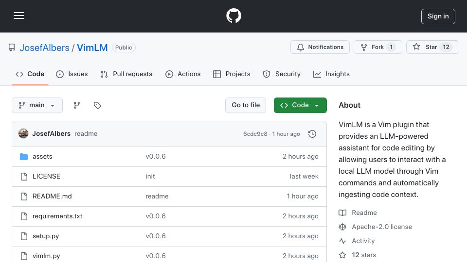 Screenshot of github.com: Show HN: VimLM – A Local, Offline Coding Assistant for Vim