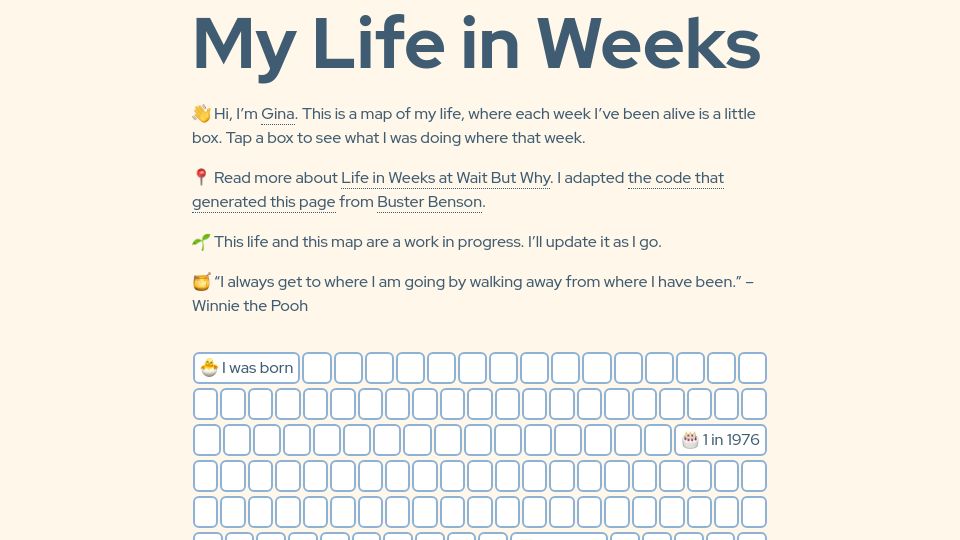 Screenshot of weeks.ginatrapani.org: My Life in Weeks