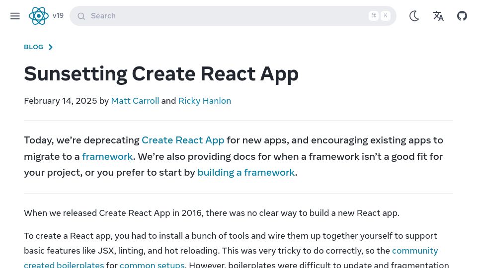 Screenshot of react.dev: Sunsetting Create React App