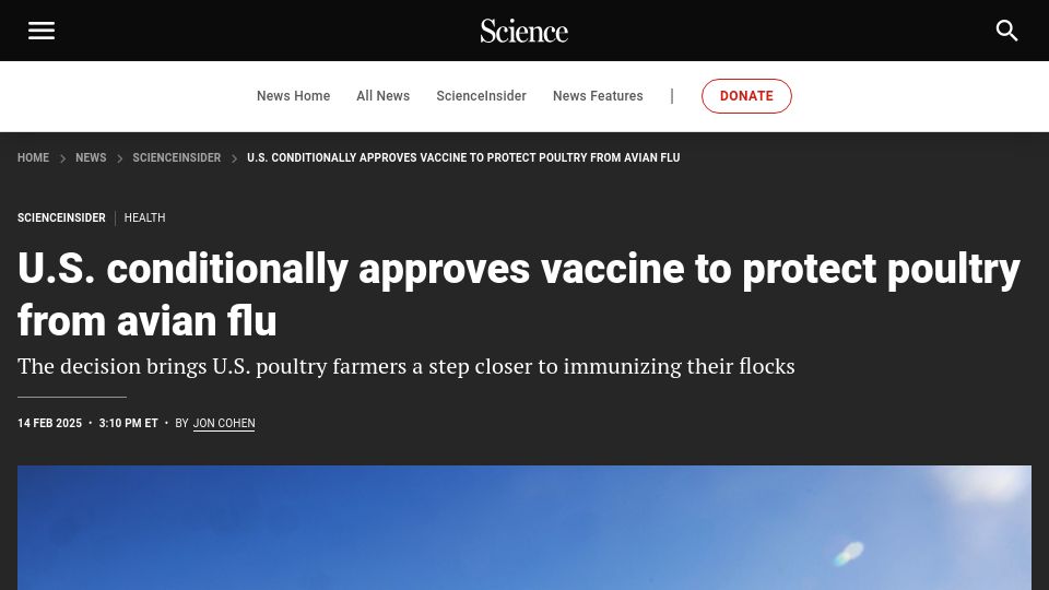 Screenshot of science.org: U.S. conditionally approves vaccine to protect poultry from avian flu