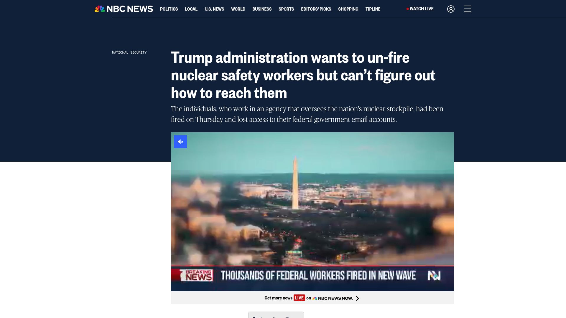 Screenshot of nbcnews.com: US wants to un-fire nuclear safety workers can't figure out how to reach them