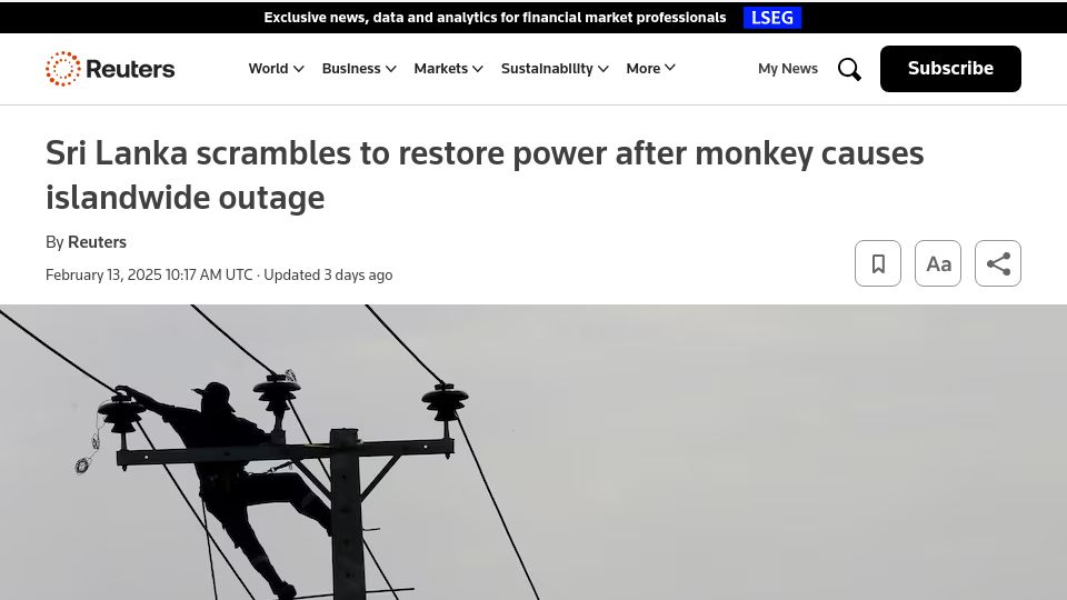 Screenshot of reuters.com: Sri Lanka scrambles to restore power after monkey causes islandwide outage