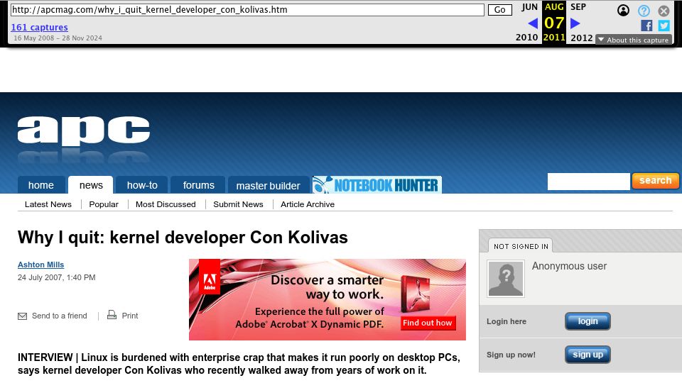 Screenshot of web.archive.org: Why I quit: kernel developer Con Kolivas (2007)