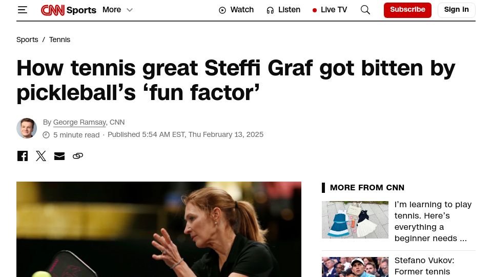 Screenshot of cnn.com: Tennis great Steffi Graf got bitten by pickleball's 'fun factor'