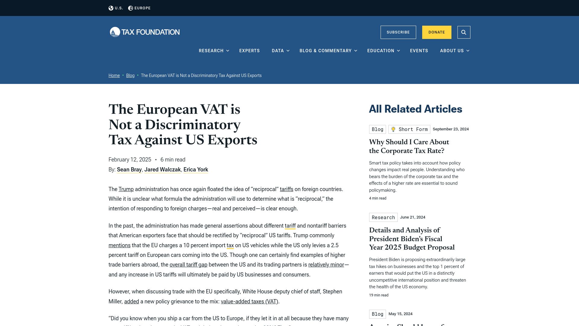 Screenshot of taxfoundation.org: The European Vat Is Not a Discriminatory Tax Against US Exports