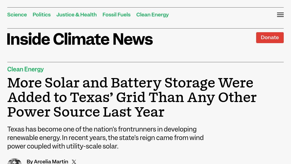 Screenshot of insideclimatenews.org: More Solar and Battery Storage Added to TX Grid Than Other Power Src Last Year