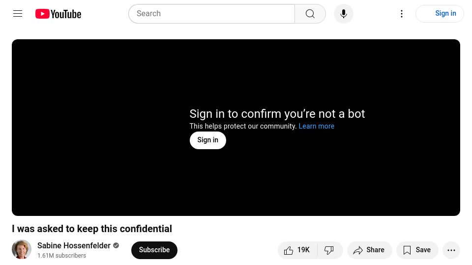 Screenshot of youtube.com: Sabine Hossenfelder – I was asked to keep this confidential [video]