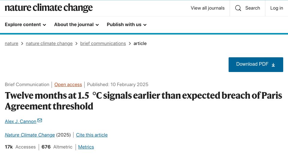 Screenshot of nature.com: Twelve months at 1.5 °C signals earlier than expected breach of Paris Agreement