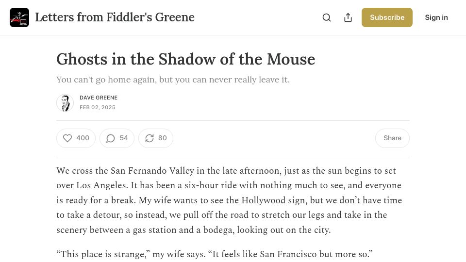 Screenshot of fiddlersgreene.substack.com: Ghosts in the Shadow of the Mouse