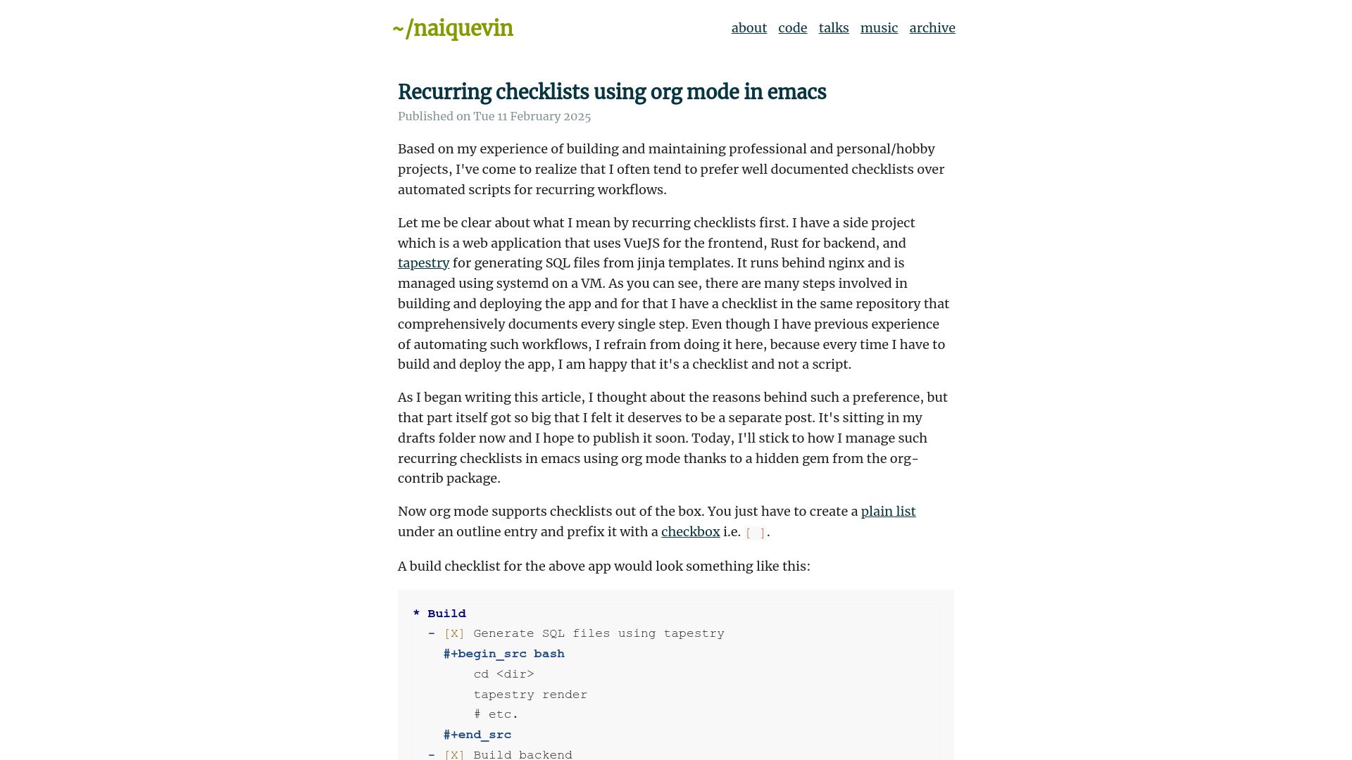 Screenshot of naiquev.in: Recurring checklists using Org Mode in Emacs