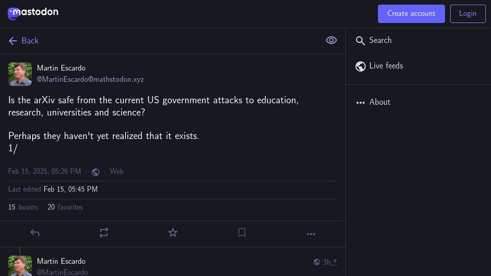 Screenshot of mathstodon.xyz: Is the ArXiv safe from the current US Government attacks?